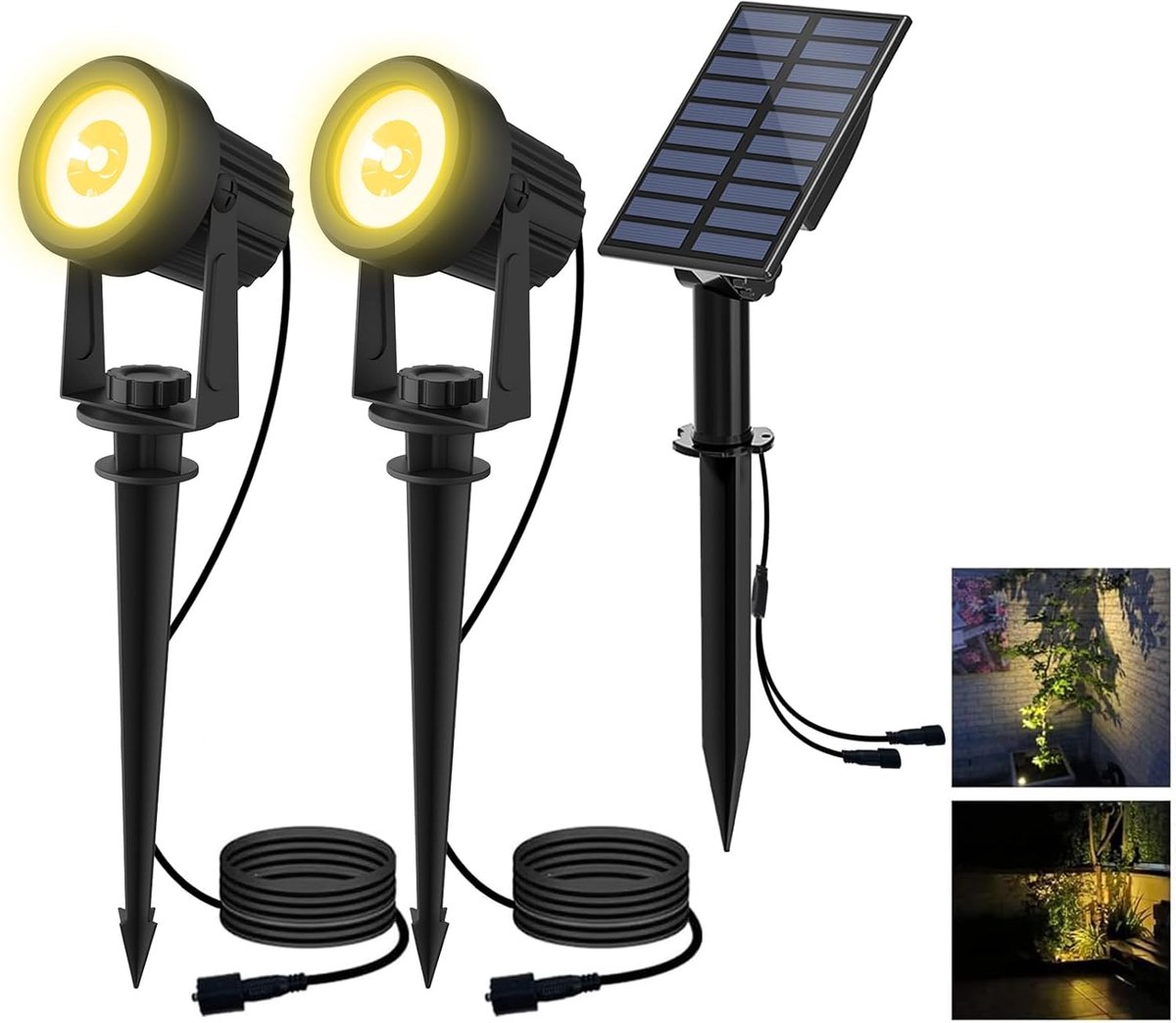 SnelShoppen - Tuinlamp Solar 2 W, IP65 Waterdicht, 270° Instelbaar, Automatisch Aan/Uit, 2 Warm Witte Spotlights, Landschapslamp voor Tuin, Patio, Boo