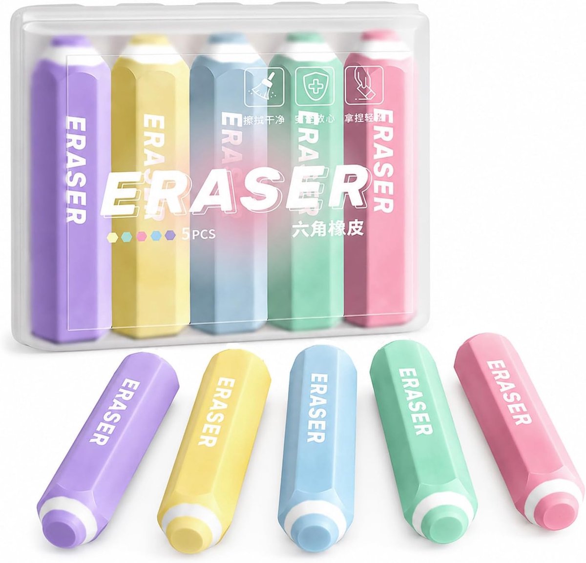 SnelShoppen - 5 Kleurige Gummen voor Kinderen, Ergonomische Potloodvormige Gummen, Zeshoekig Design, Perfect voor School, Cadeautjes, Kinderverjaardag