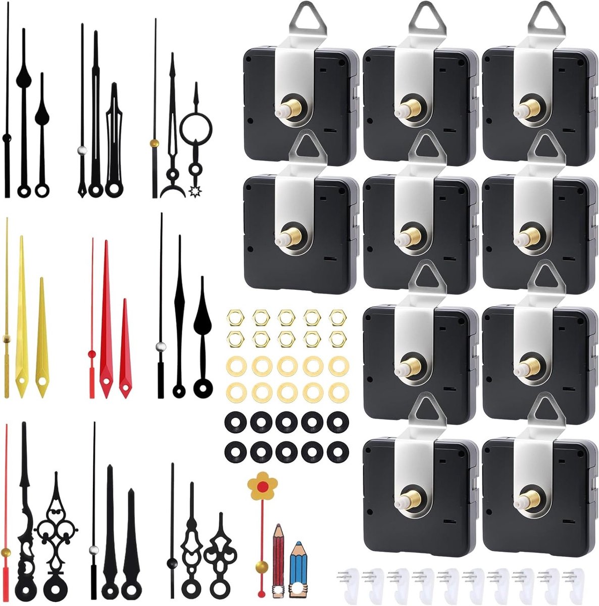 10 Stuks Noiseless Quartz Uurwerk met 10 Sets Wijzers voor Wandklok - Reparatieset voor Klokonderdelen en Vervangingen
