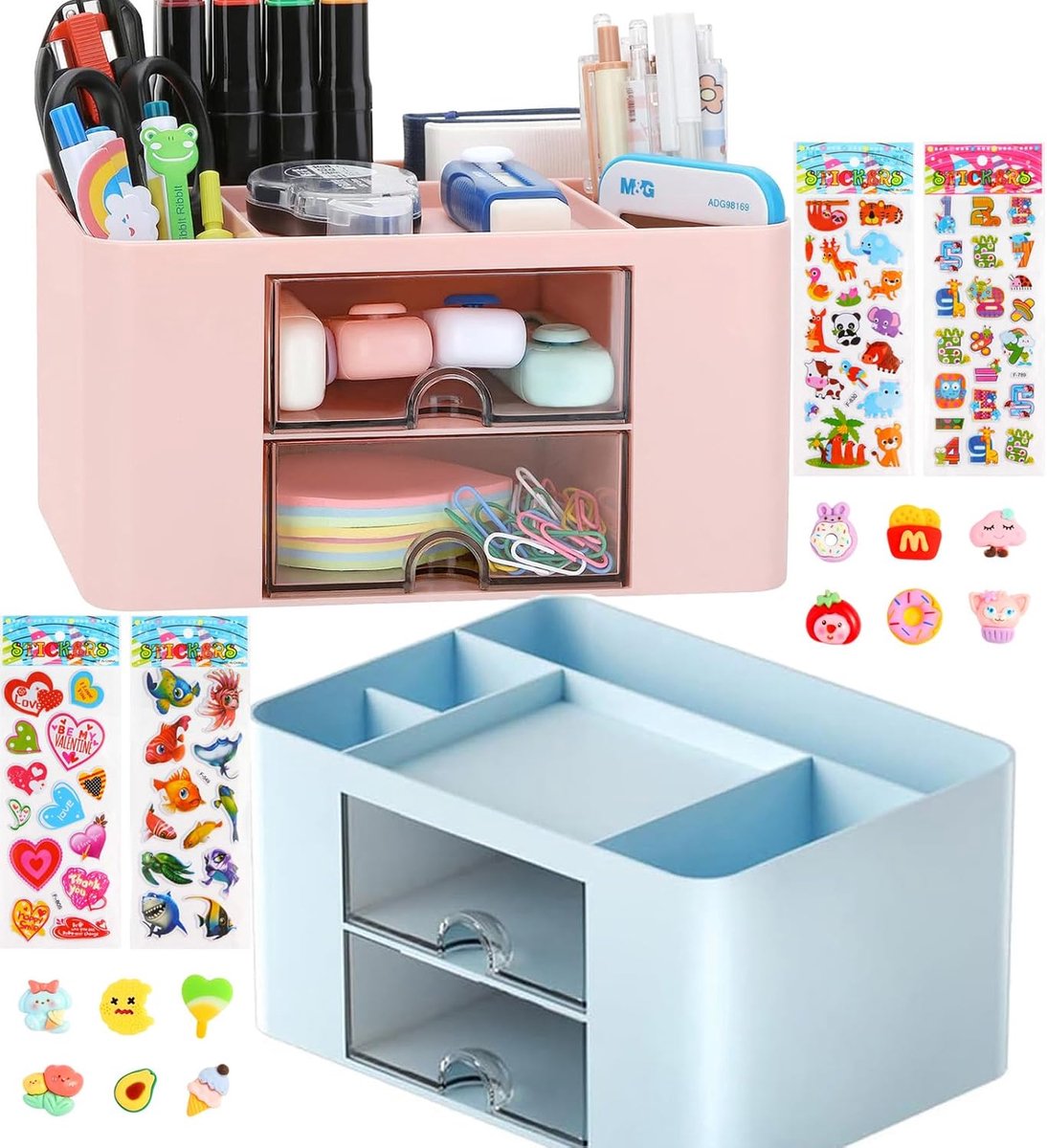 SnelShoppen - Desk Organizer met 2 Laden en 5 Compartimenten, Multifunctionele Bureau Organizer voor Pennen, Kantoor, Thuis, School, Transparant, Ruim