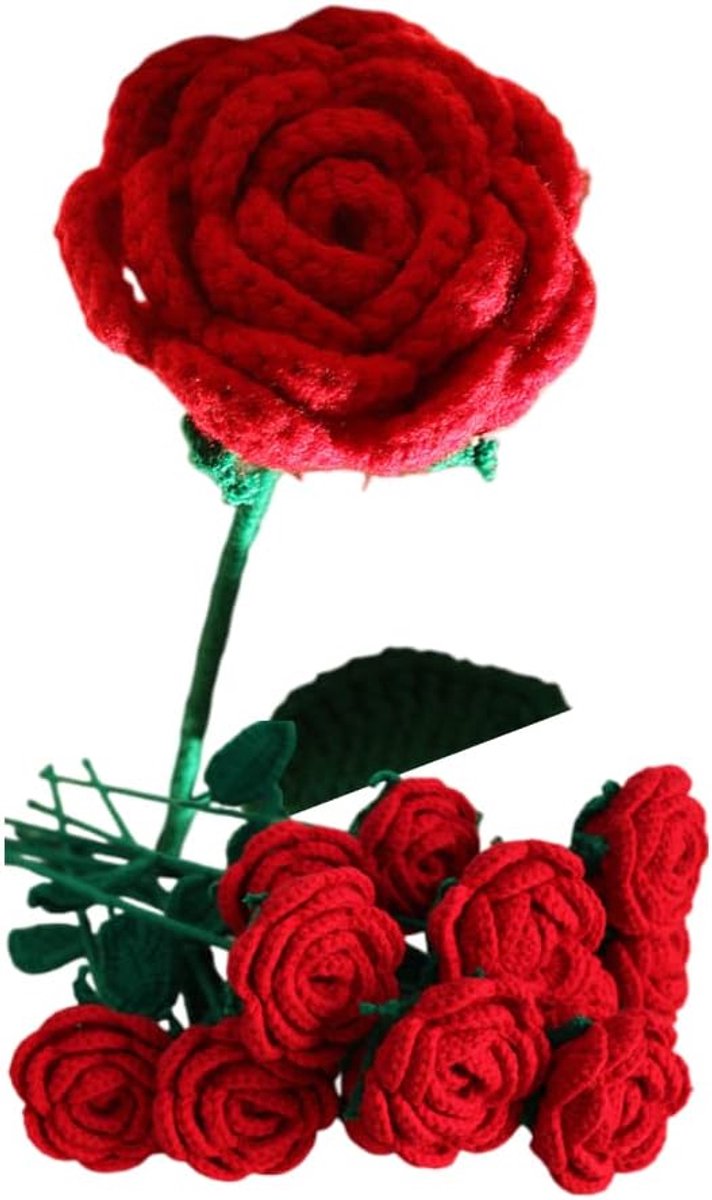 SnelShoppen - 1 Stuk Gehaakte Kunstbloem Rode Roos van Wol - Handgemaakt, Allergievrij, Voor Moederdag, Bruiloft, Verjaardag, Valentijnsdag, Vrouwen D