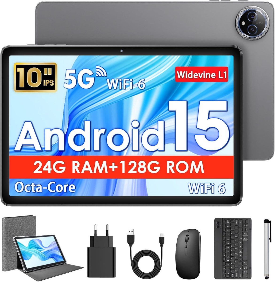 SnelShoppen - 10 Inch Tablet met Case, Muismat & Toetsenbord, Android 15, Octa-Core, 24GB RAM, 128GB ROM, 1TB TF, HD IPS Scherm, Dual Camera, 6000mAh,