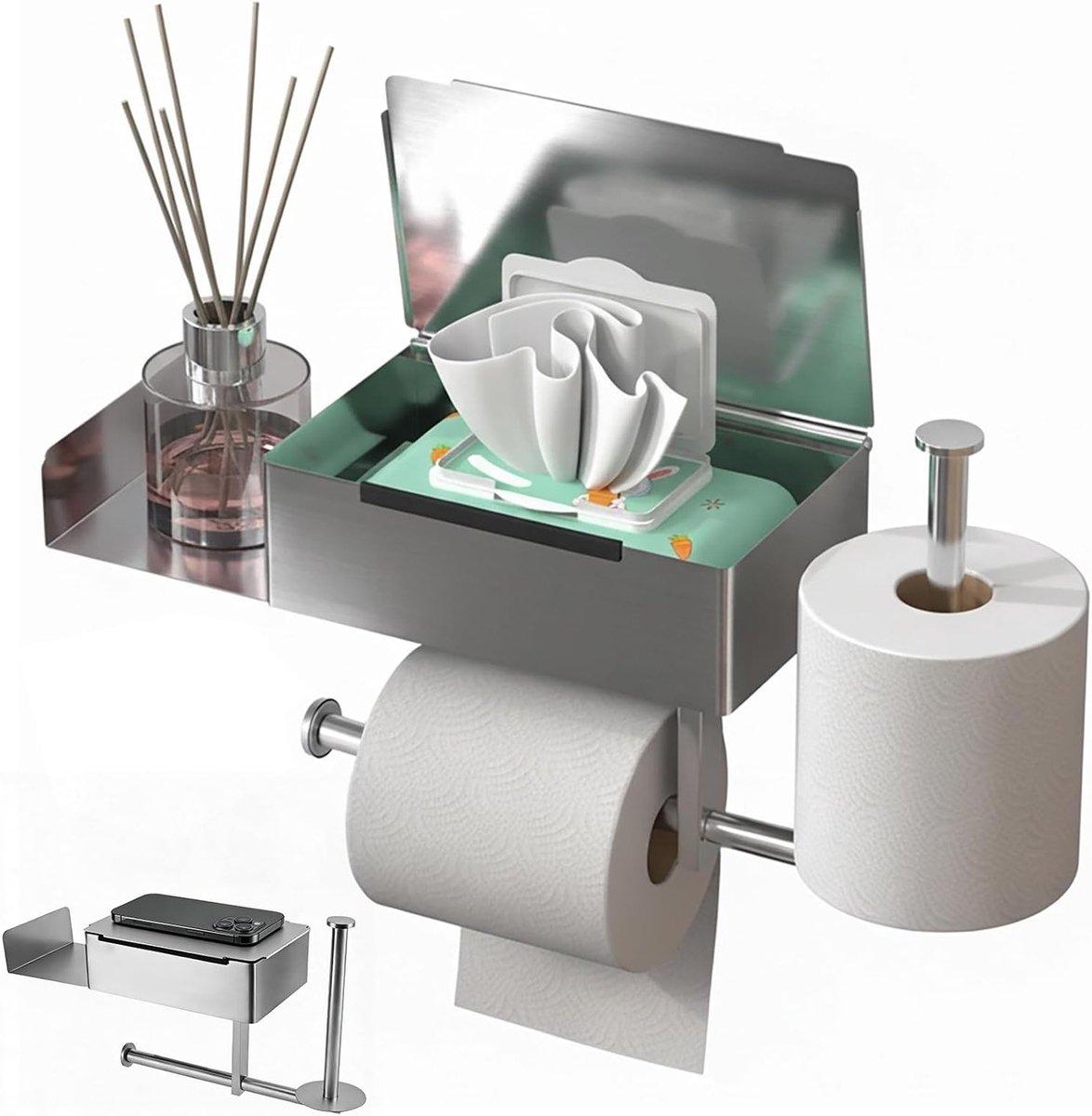 Toiletpapierhouder zonder boren van roestvrij staal met natte doekjesbox en uitbreidingsplaat, ideaal voor toilet en badkamer, zilver kleur