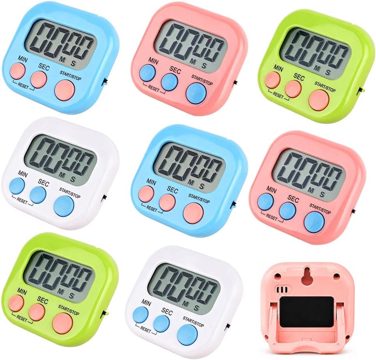 SnelShoppen - Keukentimer met Magneet en Inklapbare Standaard - Digitale Timer met Groot LCD-Display - Perfect voor Koken, Bakken, Sport - 8 Stuks - D