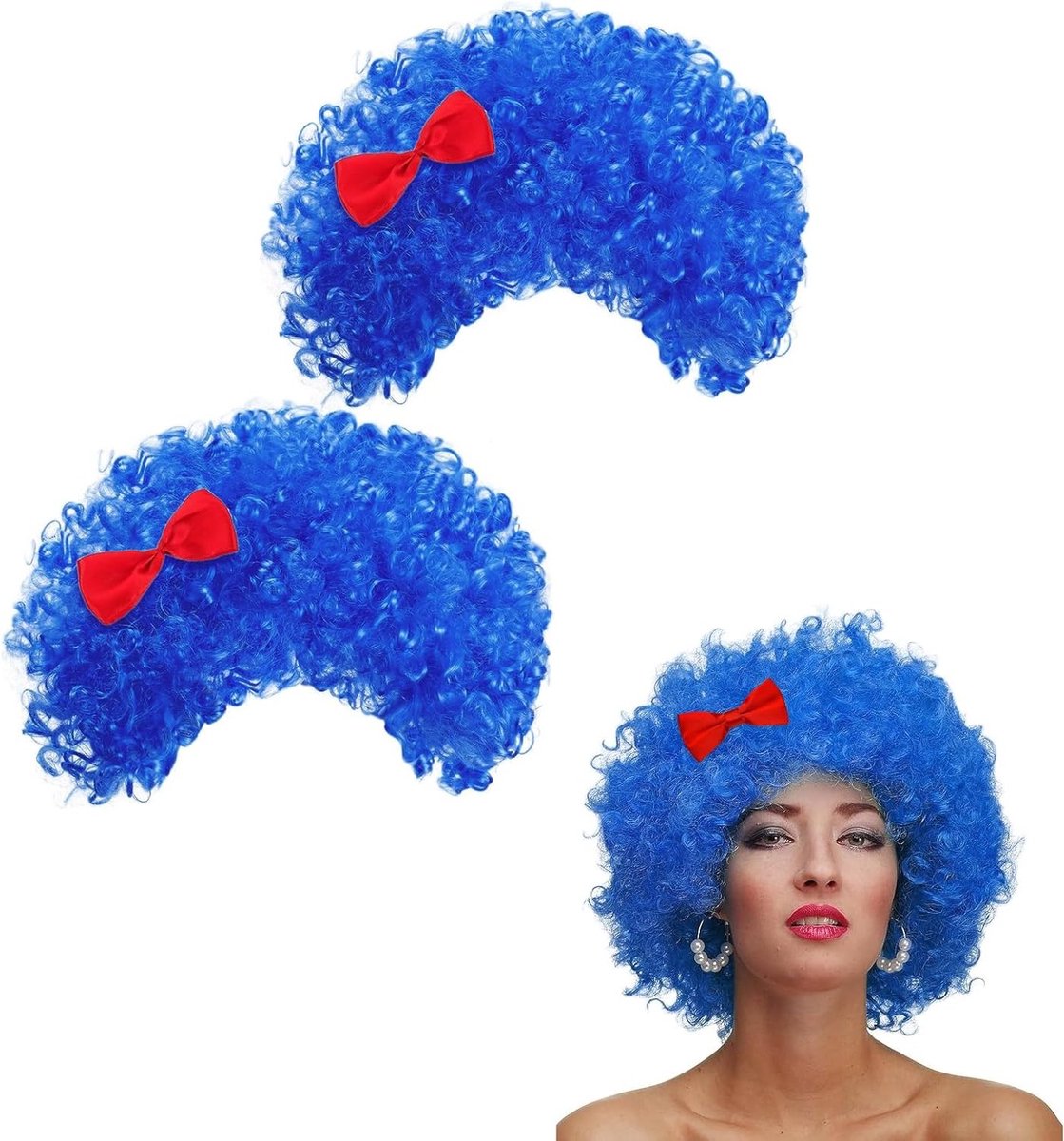 Set van 2 Donkerblauwe Pruik met Rode Strik voor Carnaval, 70s/80s Retro Look, Perfect voor Feestjes en Rollenspellen