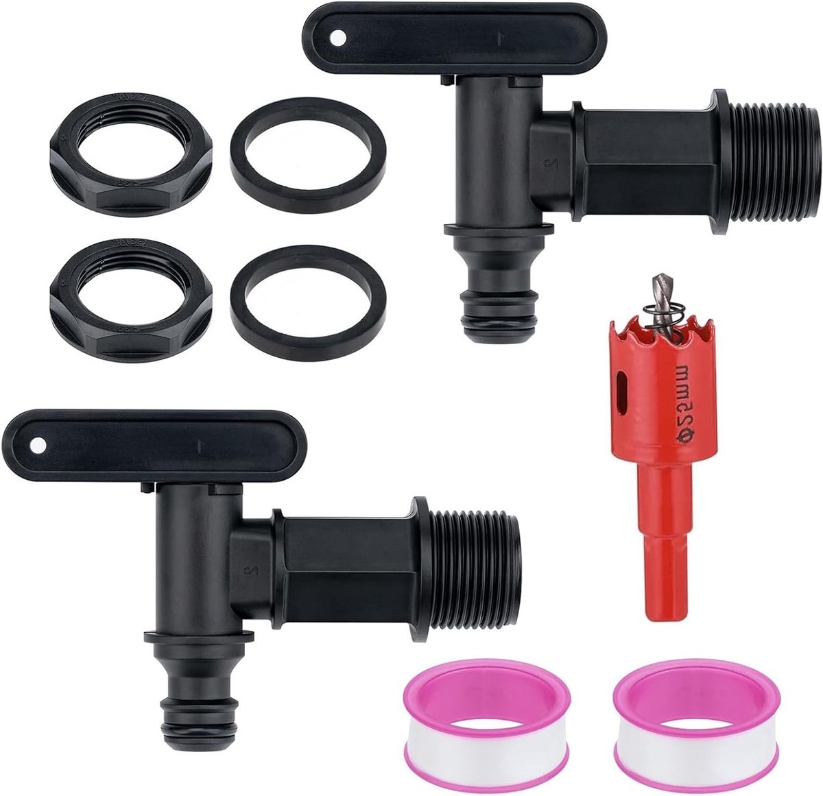 Waterafvoer Tap voor Regenwateropslag, 2 Stuks met Dichting en Gatmaker, 3/4 Inch Adapter voor Regenvaten, Ideaal voor Tuin en Waterbesparing