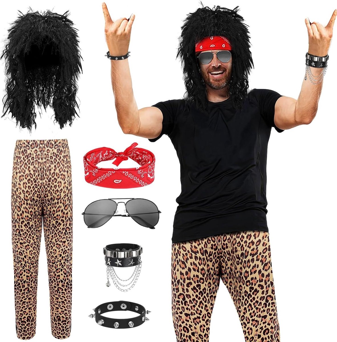 Punk kostuumaccessoires voor heren, 6-delige set met rok, bovenstuk, pruik en zonnebril voor Halloween, carnaval en cosplay feestjes