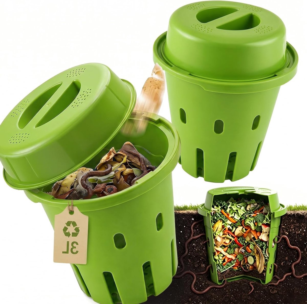 Ondergrondse compostbak 3L met deksel - 2 stuks, PVC wormcompostbak met ventilatiegaten voor organisch afval, ideaal voor tuin en verhoogde bedden