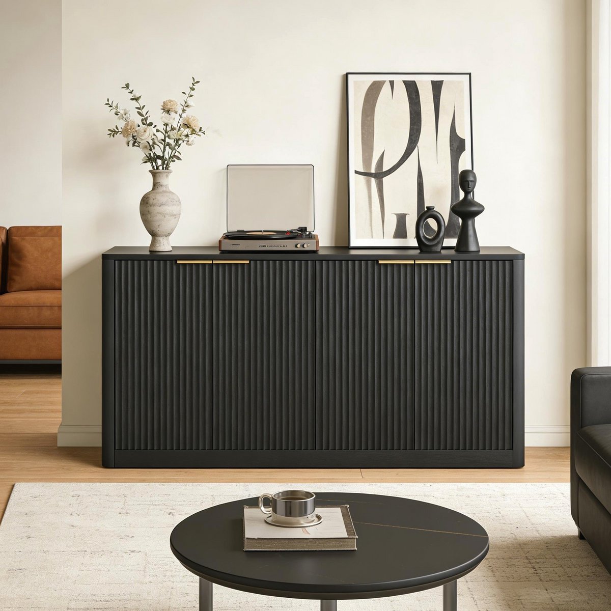 MODENUIT Dressoir - Wellenvorm Paneeldeuren - Voor Woonkamer En Keuken - MDF - Zwart - 150x40x70,5 Cm