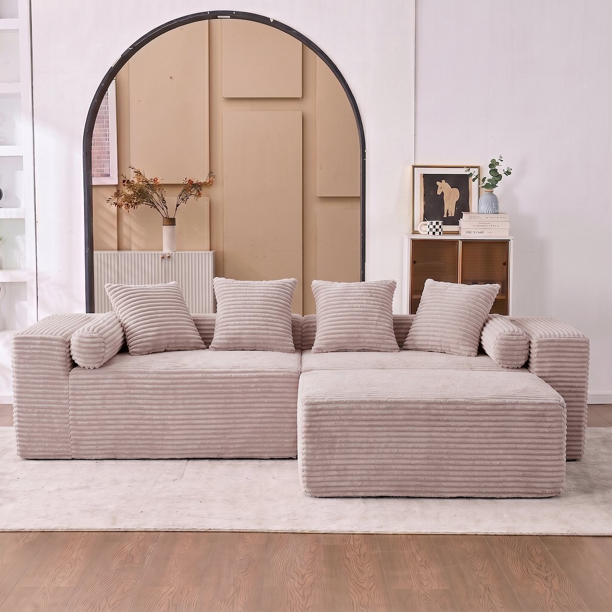 Modulaire Hoekbank Met Chaise Longue Zonder Montage En Slaapfunctie Voor Woonkamer En Appartement Chenille Beige