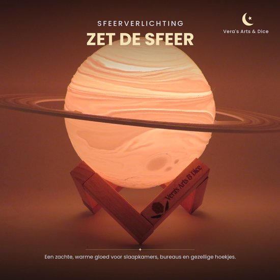 Saturnus Lamp - Vera's Arts & Dice - 16 Verschillende Kleuren - Planeet Lampen - Saturn Lamp - LED Lamp - Oplaadbaar Dimbaar Stroboscoop Afstandsbediening - 3D Print Handmade - Lampen Sfeerverlichting - Slaapkamer Woonkamer Kinderkamer van Vera's Arts & Dice — afbeelding 5