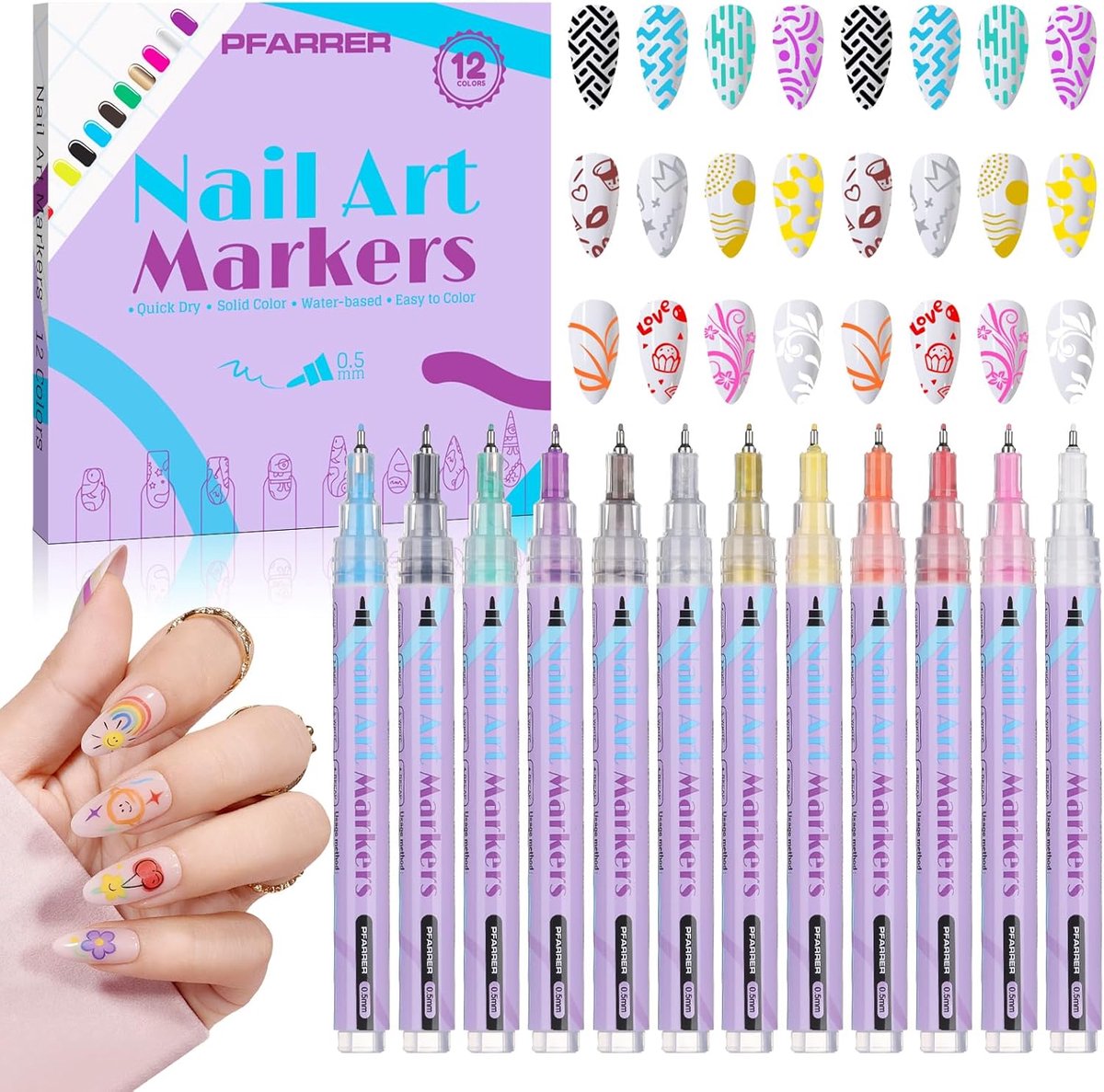 SnelShoppen - 12 Kleuren Nail Art Pens Set - 3D Nagellak Markers, Sneldrogende Graffiti en Dotting Liner Pens voor DIY Nagelkunst, Perfect voor Feest