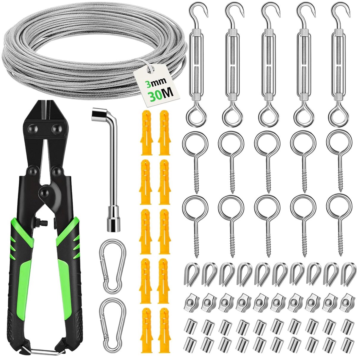 SnelShoppen - Stalen Kabelset 30 m - 3 mm Roestvrij Staal - Inclusief Spanners, Kabelklemmen en Carabiners - Ideaal voor Sfeerverlichting, Kledinglijn
