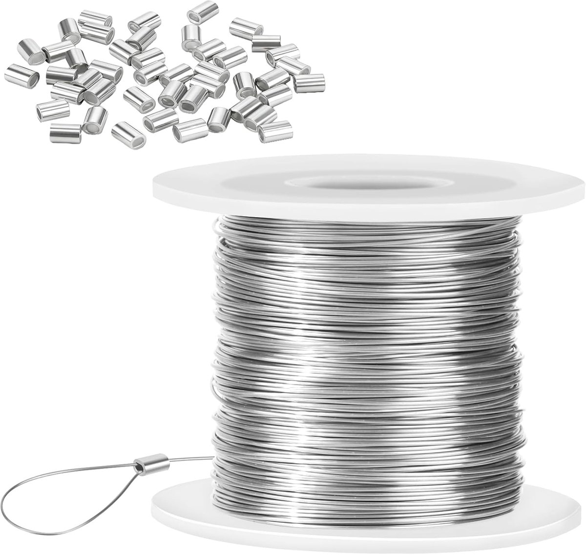 SnelShoppen - 0.5mm x 100m RVS Stalen Kabel voor Foto Lijsten, DIY, Vissen, Sieraden, Hangend - Corrosie- en Kinkbestendig, Inclusief 40 Aluminium Cri