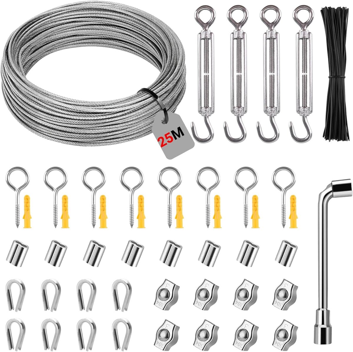 SnelShoppen - 50m RVS Kabel 3mm met M5 Oogjes, Kabelspanner, Turnlock, PVC Gevoerd voor Klimplanten, Hekken, Lichtophang, Waslijn, Tuin, Camping