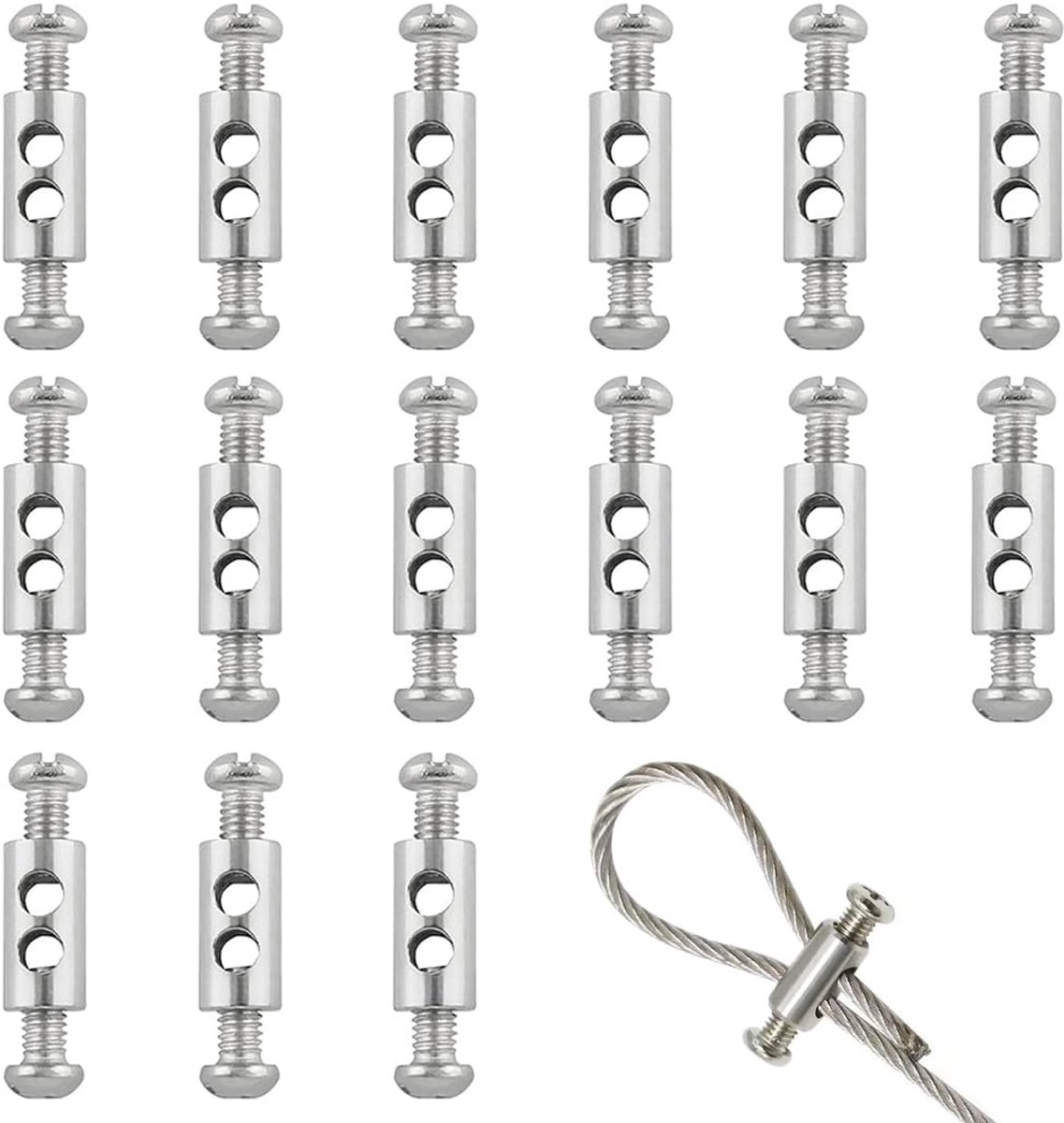 SnelShoppen - 15 Stuks Kabel Klemmen Set RVS Kabel Klem Dubbel Gat Voor Stalen Kabels en Cables 1-2mm Diameter