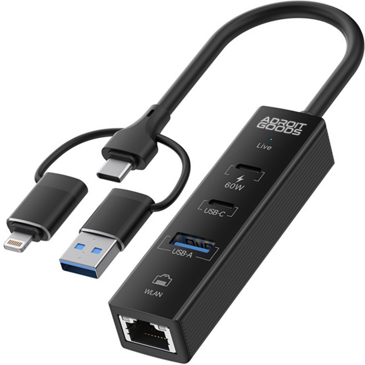 AdroitGoods 3-in-1 USB-C Hub met Ethernet LAN 100Mbps geschikt voor lightning, USB 3.0, PD 60W Snelladen, OTG Adapter voor Smartphone Tablet Laptop - Zwart