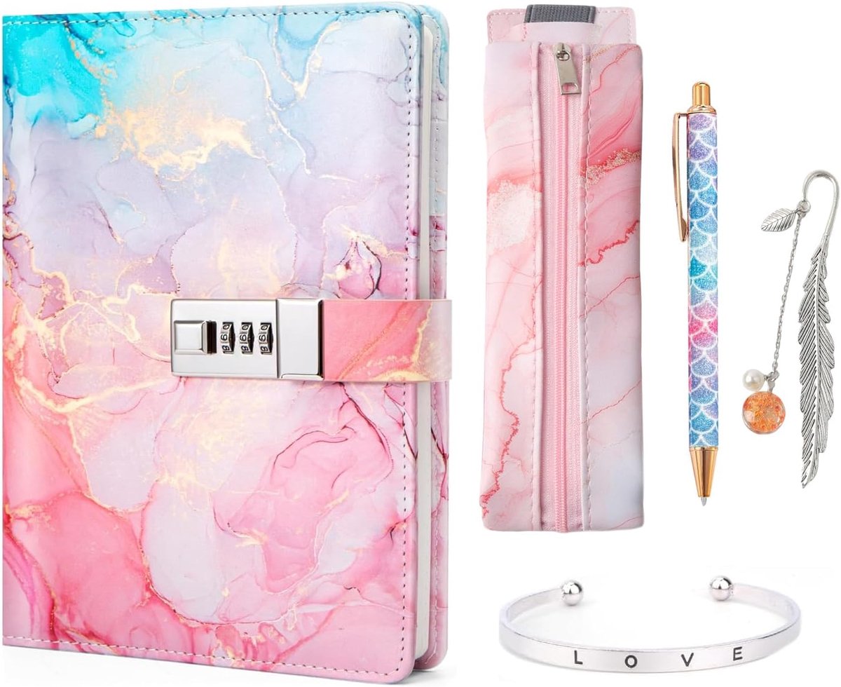 SnelShoppen - Dagboek met slot voor meisjes, cadeau voor meisjes 8-13 jaar, notitieboek met code, armband, pen, en boekenlegger, creatieve geschenken