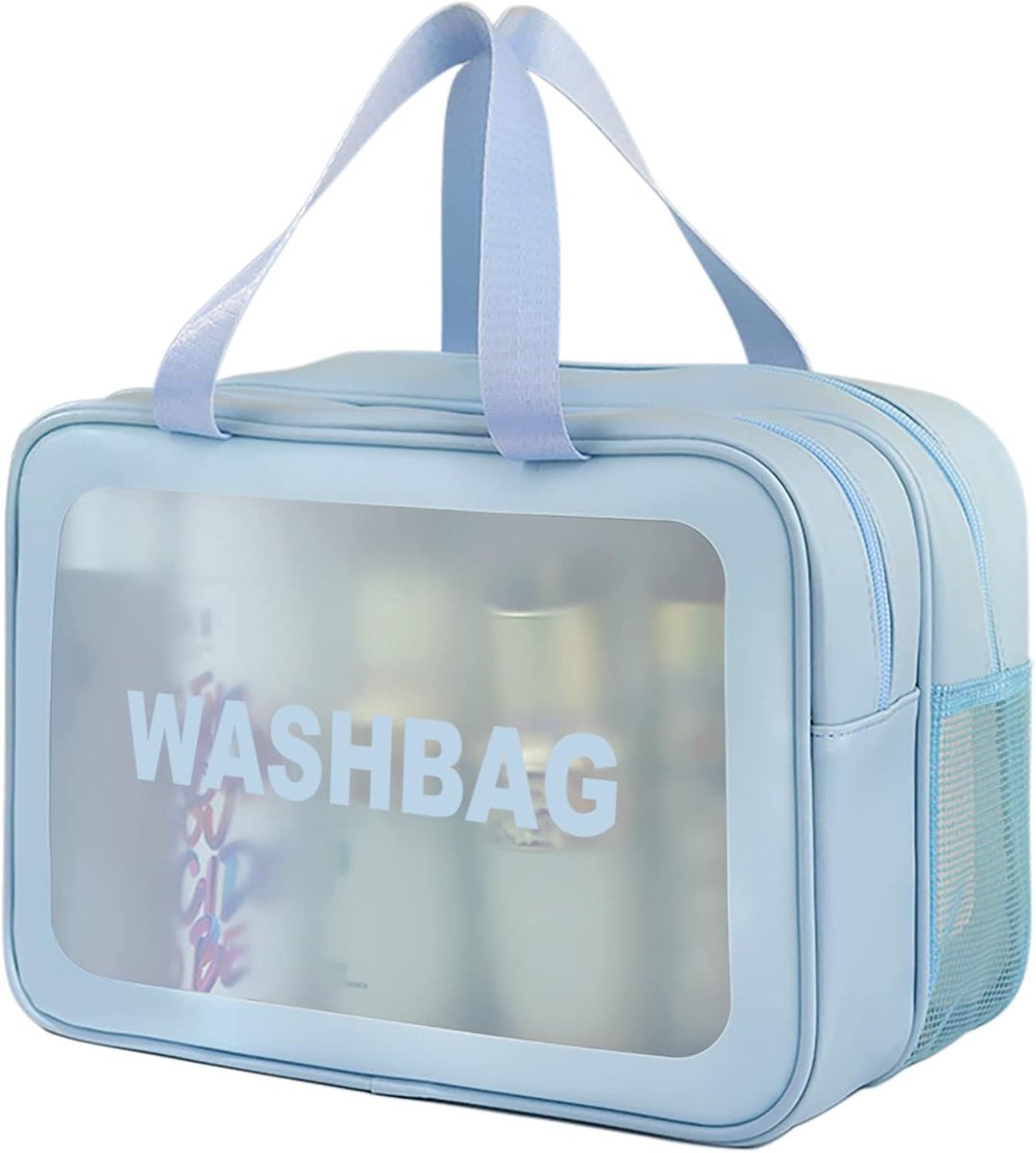 SnelShoppen - Grote Toilettas voor Dames & Heren, Reis Toilettas met Handvat, Matte Translucente Douchetas, Blauw-XL, 31x22x14 cm, Dubbel Compartment