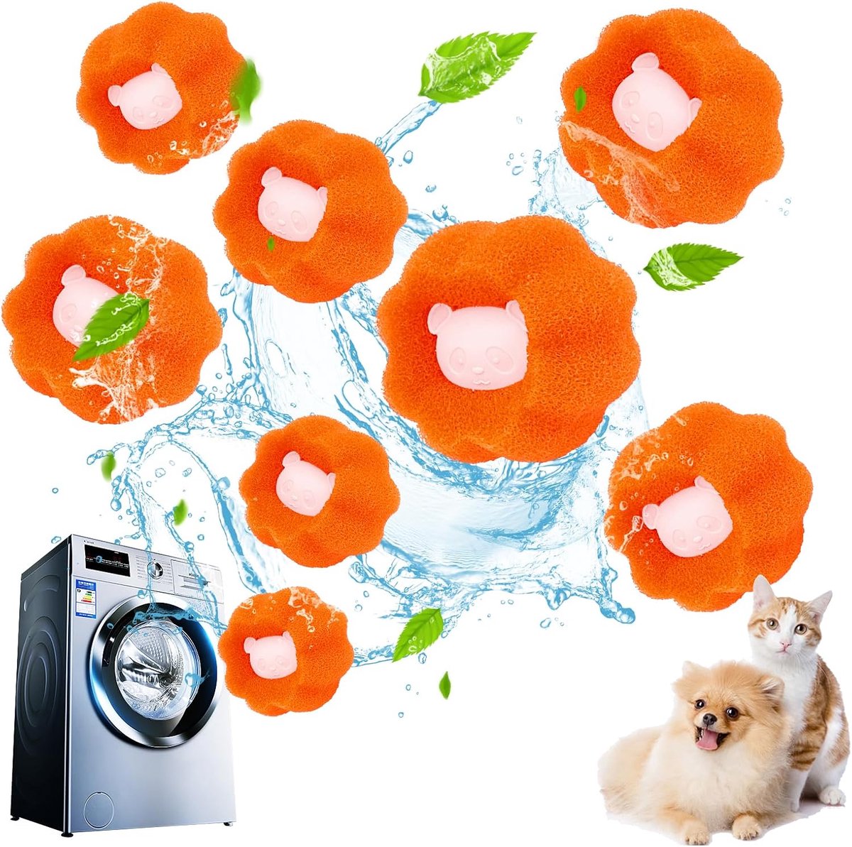 SnelShoppen - Wasmachine Haarverwijderaar, Lintverwijderaar, Pompoms voor Wasmachine, Dierenhaar en Lint Vanger, 8 Stuks, Oranje, Effectieve Haartrekk