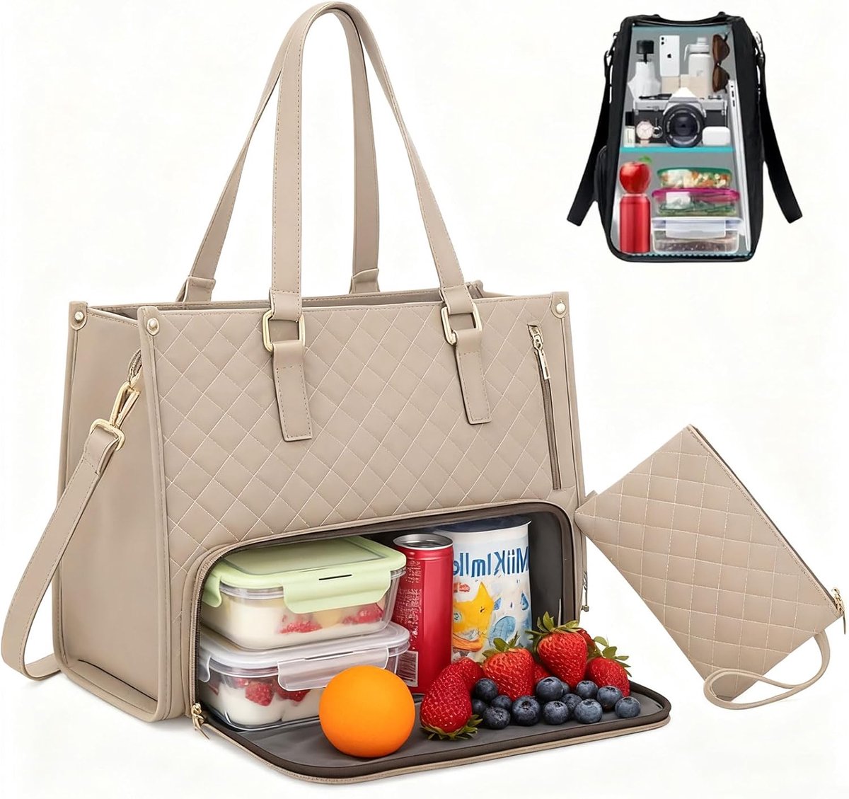 SnelShoppen - Vrouwelijke Lunch Bag 2-in-1, 15.6 Inch Laptop en Geïsoleerde Lunchtas, Elegante Multifunctionele Tote Bag voor Werk, Universiteit, Kant