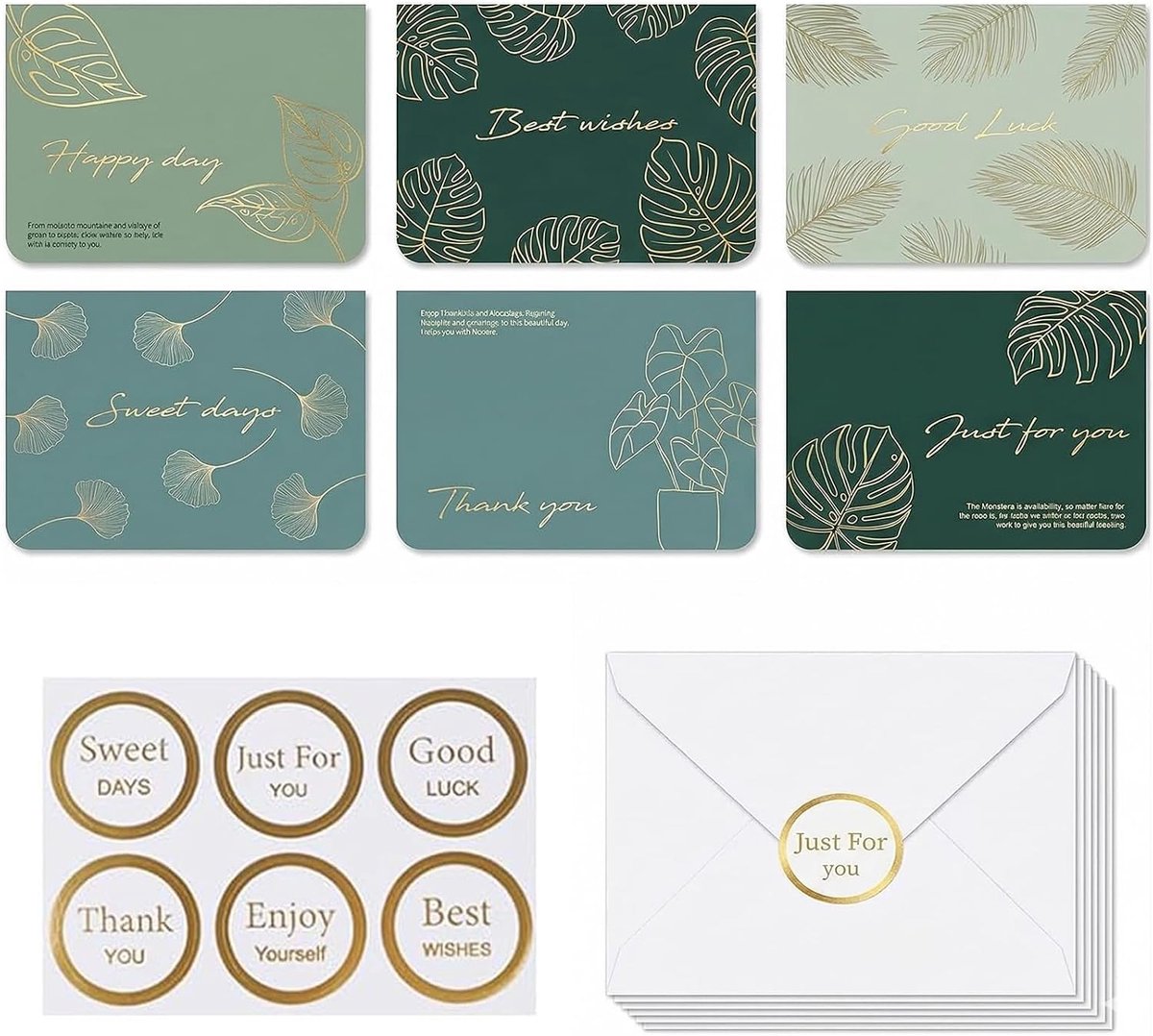 SnelShoppen - Groene Plantaardige Wenskaarten Set van 6, Minimalistisch Design met Plantenmotieven, Inclusief Enveloppen en Sluitstickers voor Verjaar