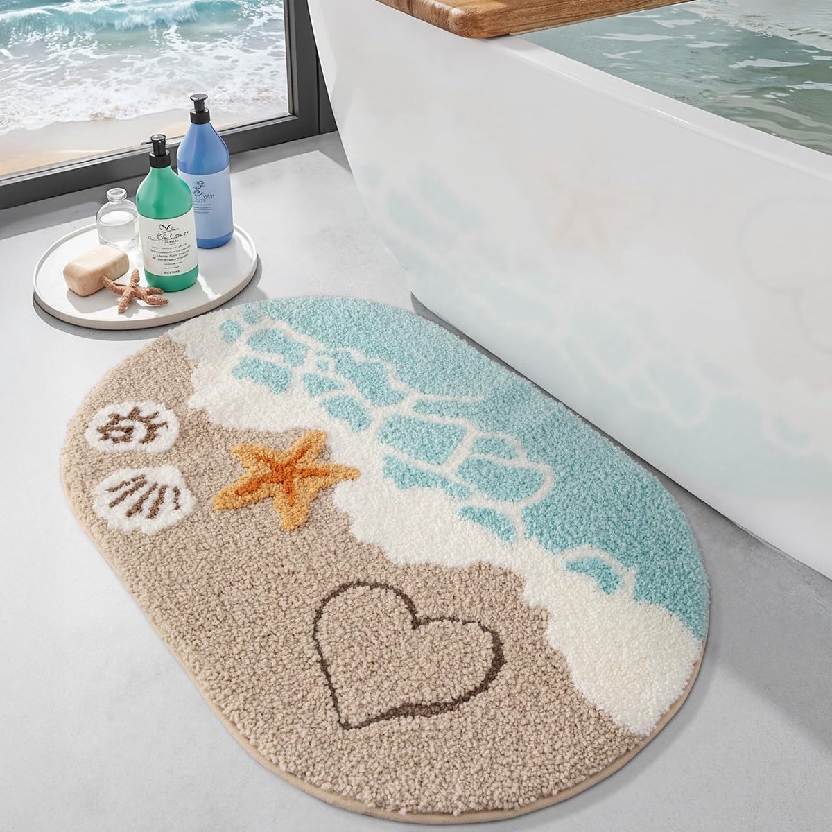 Thijox - Ovale Badmat 54 x 86 cm, Antislip en Zachte Badmatten, Machinewasbare en Absorberende Badtapijt voor Badkamer, Douche en Badkuip, Starfish St