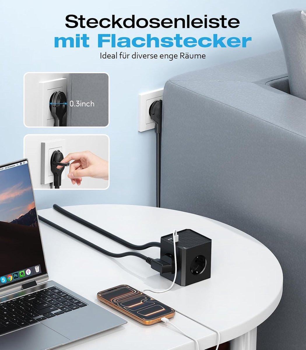 Thijox - PD20W 6-in-1 Stekkerdoos, Stekkerkubus met Magneet Pad, 3-voudige Stopcontacten, Platte Stekker met 2m Kabel, USB-C Oplader, Zwart voor Thuis