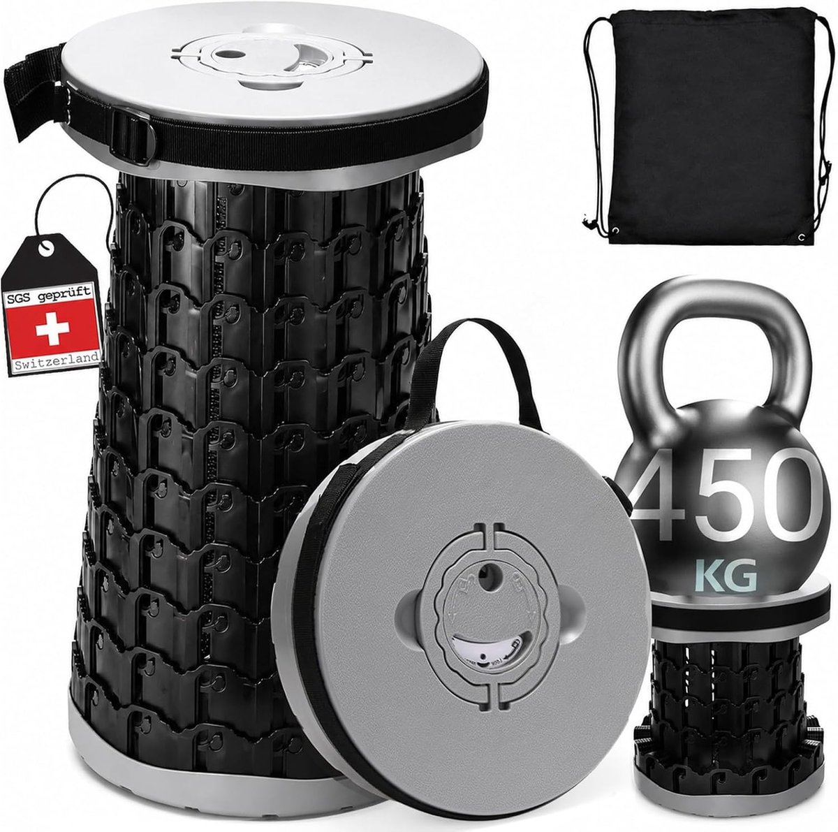 SnelShoppen - Portable Mini Telescopische Vouwstoel, Inklapbaar en Hoogte Verstelbaar 7-45 cm voor Volwassenen, Stevig, 250 kg Belastbaar, Ultralicht