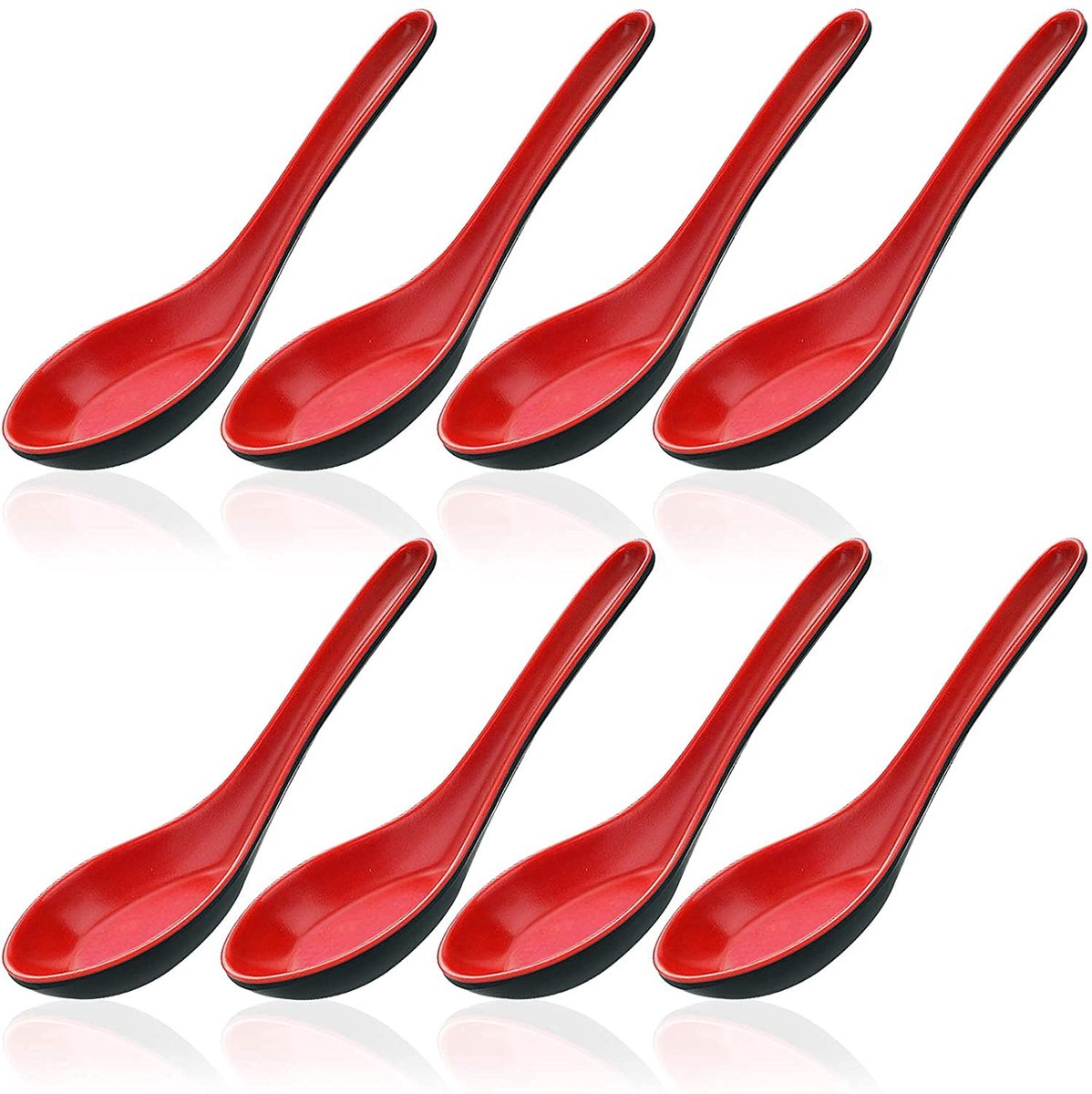 Thijox - 8 Stuks Chinese Won Ton Soeplepels van Kunststof - Aziatische Stijl - Rood en Zwart - Ideaal voor Miso-Soep en Bouillon - 16 x 4 cm - Keukena