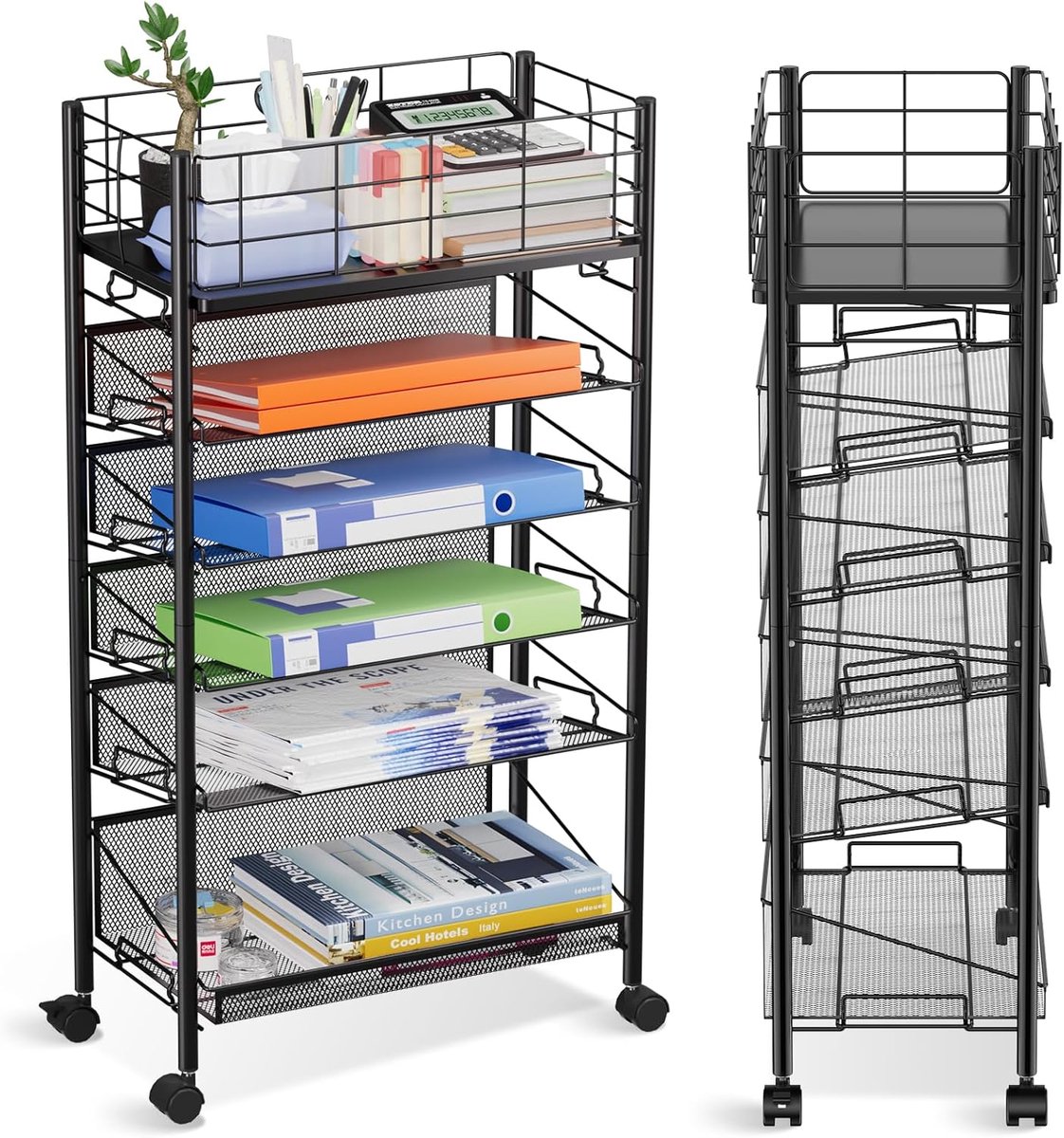SnelShoppen - Mobile Storage Trolley met Wielen voor Boeken en Tijdschriften - Ruimtebesparend met 6 Metalen Compartimenten - Perfect voor Kantoor, St