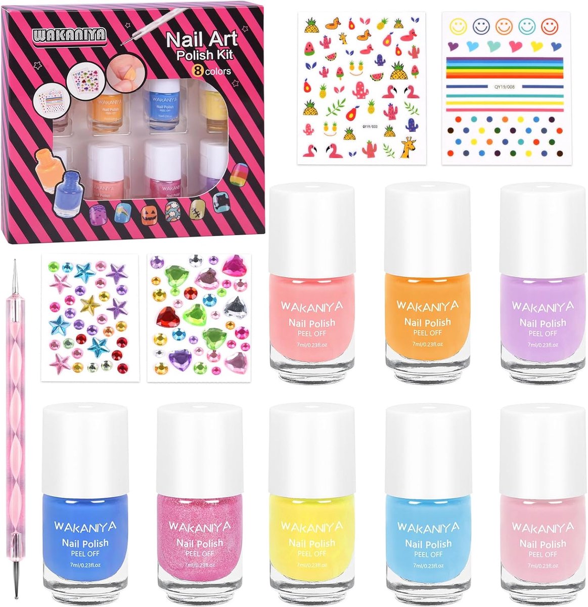 Thijox - Kindernagellak Set voor Meisjes, 8 Kleurige Glitter Nagellak, Sneldrogend en Verwijderbaar, Niet-giftig, Op Waterbasis, Creatieve Nagelkunst