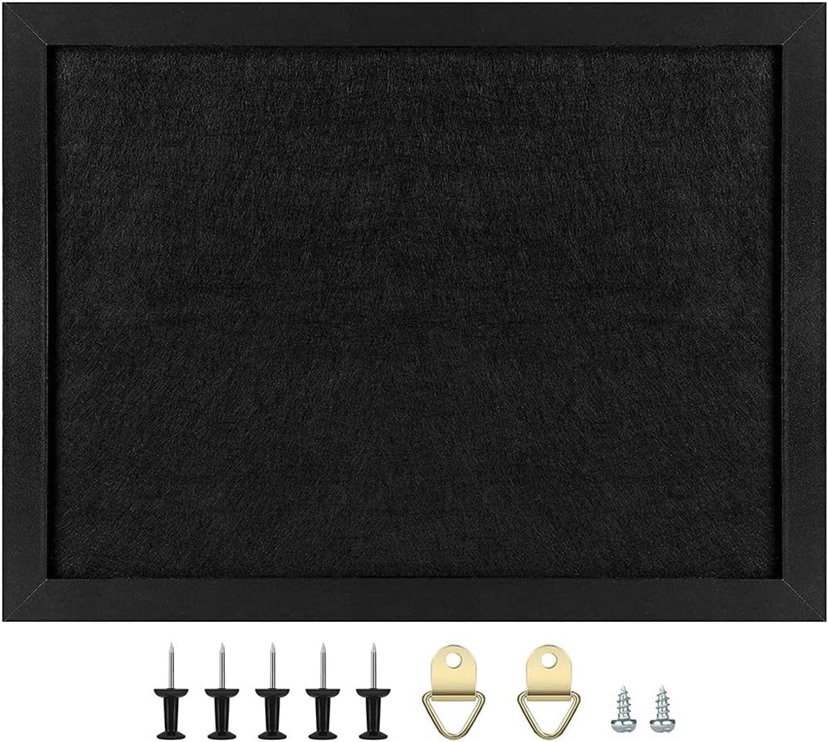 SnelShoppen - Zwart Pinboard 28x37cm met Houten Frame, Felt Memo Board, Herbruikbare Prikbord voor Keuken, Kantoor, School en Thuis, Inclusief Korkspi