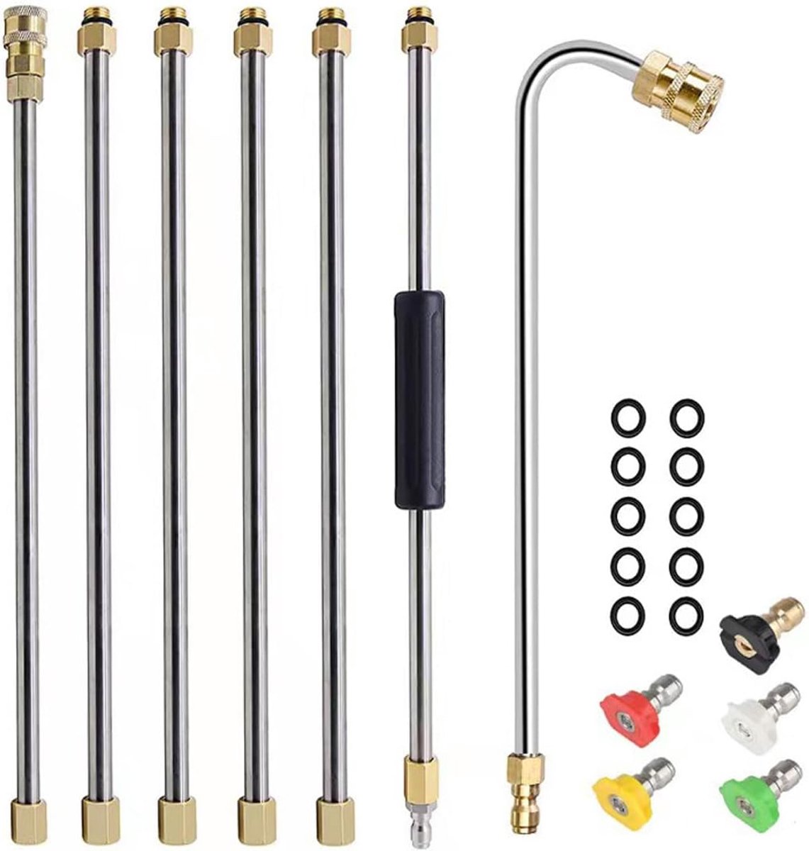 Thijox - Hogedrukreiniger Verlengstang 4000PSI voor Gootreiniging, Dakreiniging, Lans met 5 Spuitmonden, 1/4 inch Quick Connect, Koper en Roestvrij St