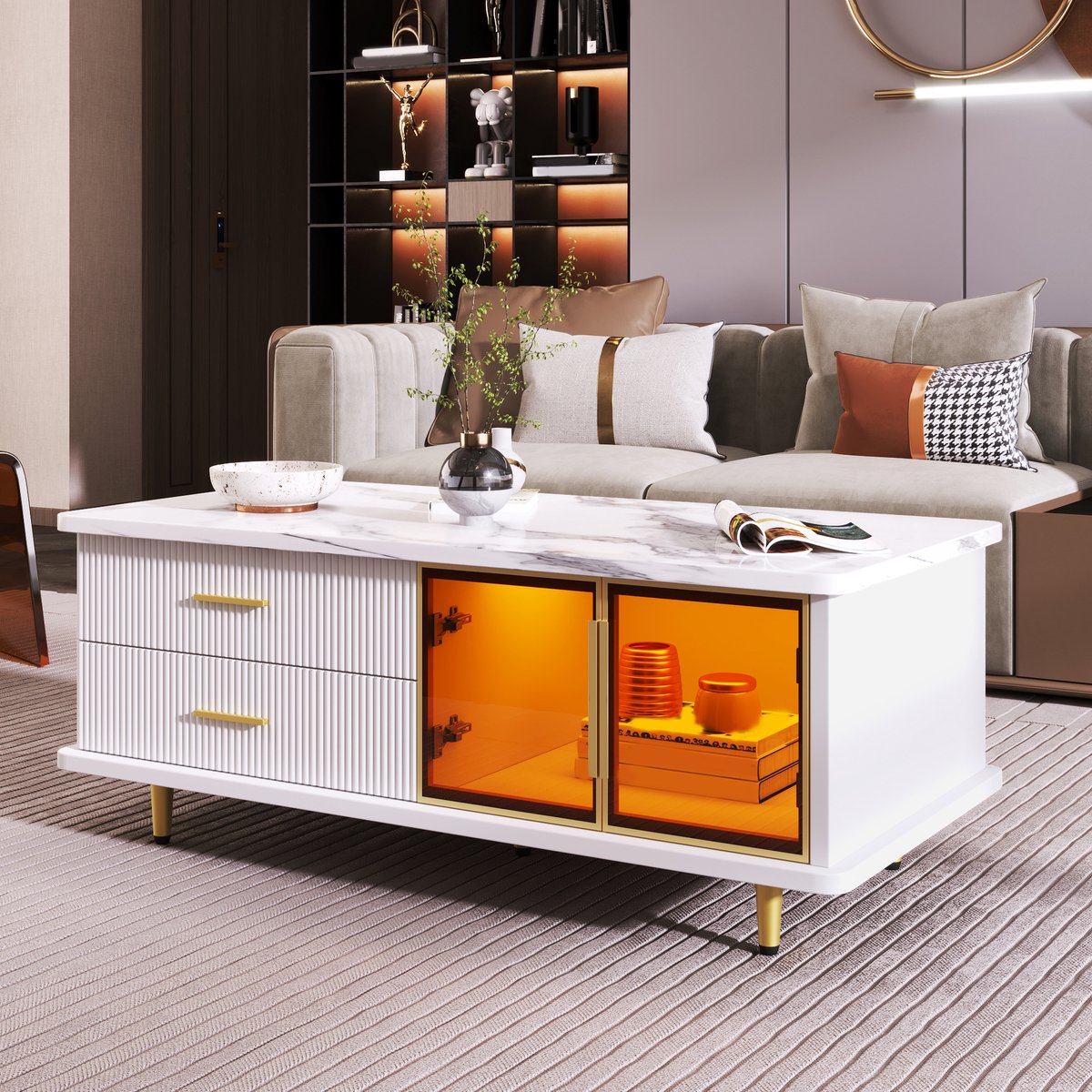 COVREO Salontafel 100x50x40 cm - wit en goud, 2 lades, 2 deuren, LED en marmerlook fineer