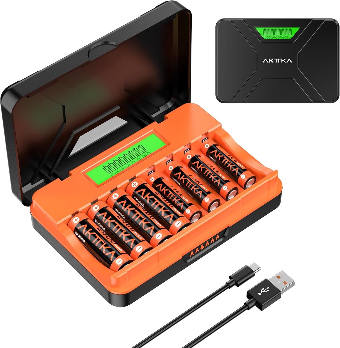 SnelShoppen - 8-Slot Snellader met 4 Oplaadbare AA Batterijen 2400 mAh en 4 AAA 1100 mAh - Type C Oplaadkabel voor Thuis, Camping, en Reizen