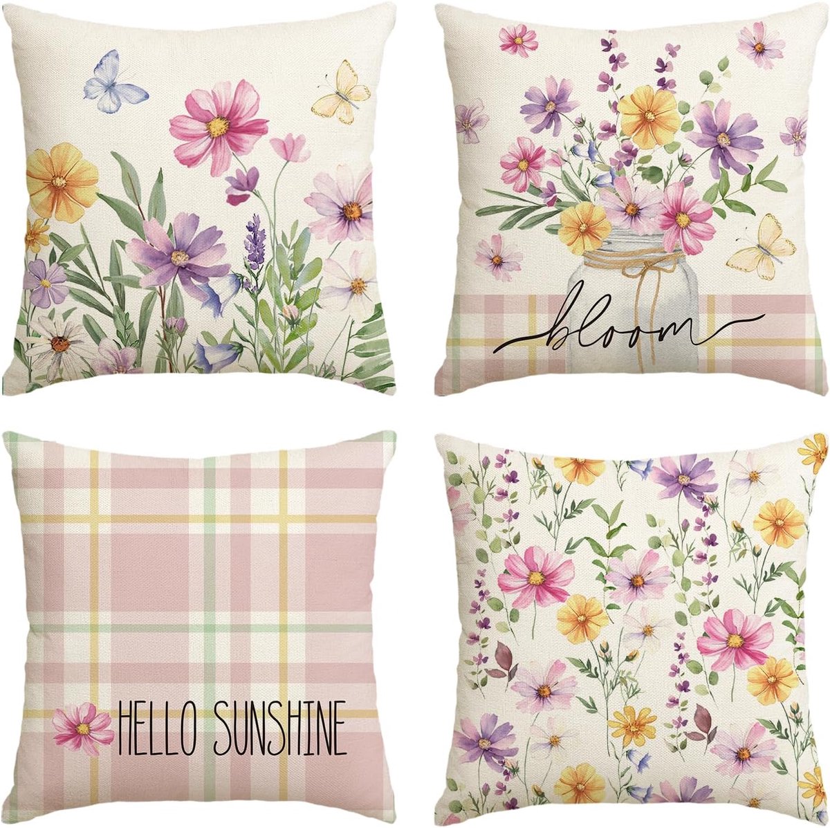 SnelShoppen - Set van 4 Bloem Vaasje Kussenslopen 50 x 50 cm - Zomer Strepen Dots - Hoogwaardige Polyester Voor Woonkamer Decoratie
