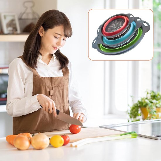 SnelShoppen - Set van 3 Vouwbare Keukenzeefjes - Multifunctionele Pasta- en Groentezeef - Hoogwaardige Silicone en PP Materialen - Ruimtebesparend - 3 van Snelshoppen — afbeelding 5