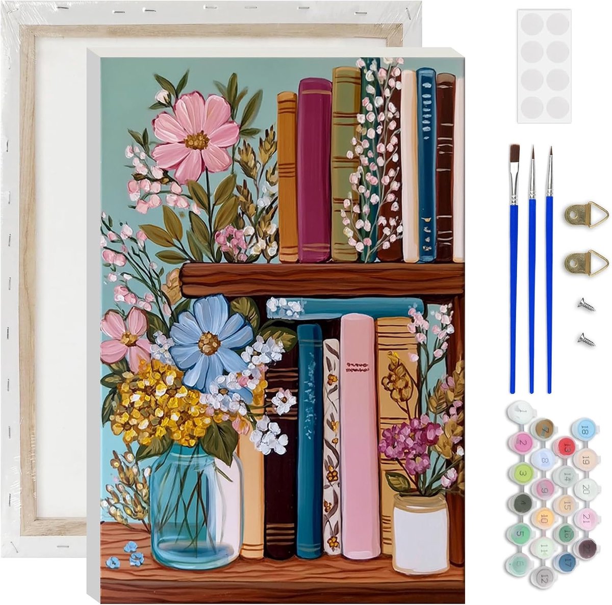SnelShoppen - DIY Schilderen op Nummer voor Volwassenen - AIRDEA Cottagecore Boekenkast Schilderij, Handgeschilderd Olieverf Set, 20x30 cm (Ingelijst)