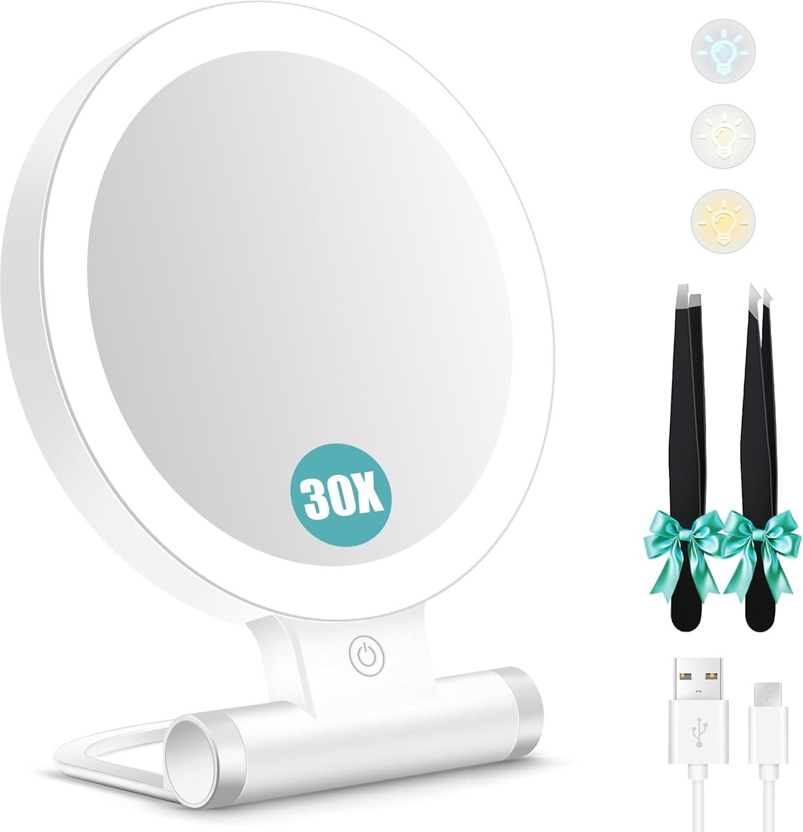 Thijox - Make-upspiegel met Verlichting, Dubbelzijdig, 1X/30X Vergroting, Dimbare Tafelspiegel met 3 Kleurmodi, Opvouwbare Reisformaat, 2000 mAh