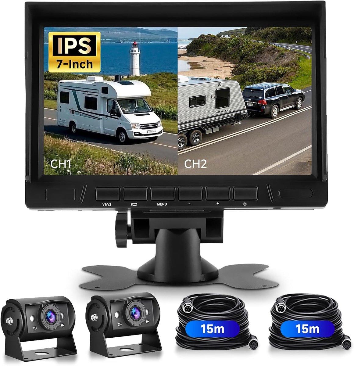 SnelShoppen - 1080P HD Achteruitrijcamera Set met 7 Inch IPS Monitor, 2 x Nachtcamera's, 15m Kabel, IP69 Waterdicht, Voor SUV, Truck en Motorhome