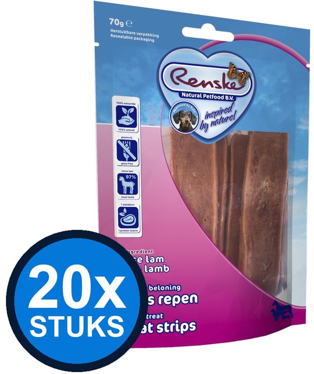 20x Renske - Gezonde beloning vleesrepen hond lam 70gr - Hondenvoer Snacks - 70 g