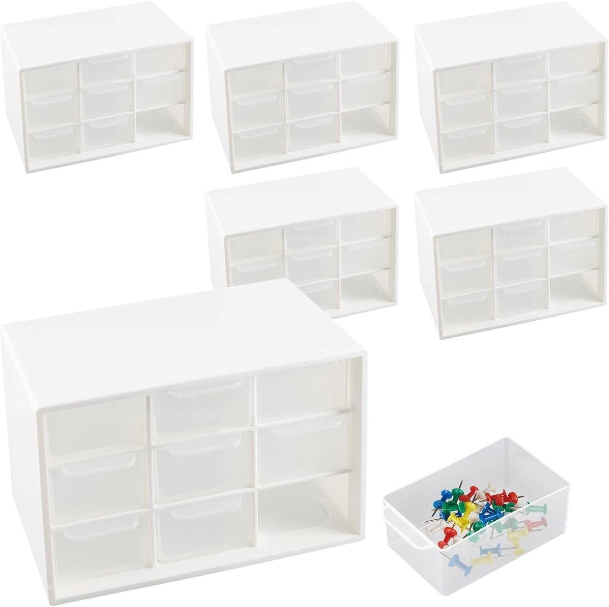 SnelShoppen - Pack van 6 Craft Storage Boxes met 9 Mini Lades, 18x12x10 cm, Wit, Desk Organizer voor Creatief Materialen, Sieraden en Naaigerei