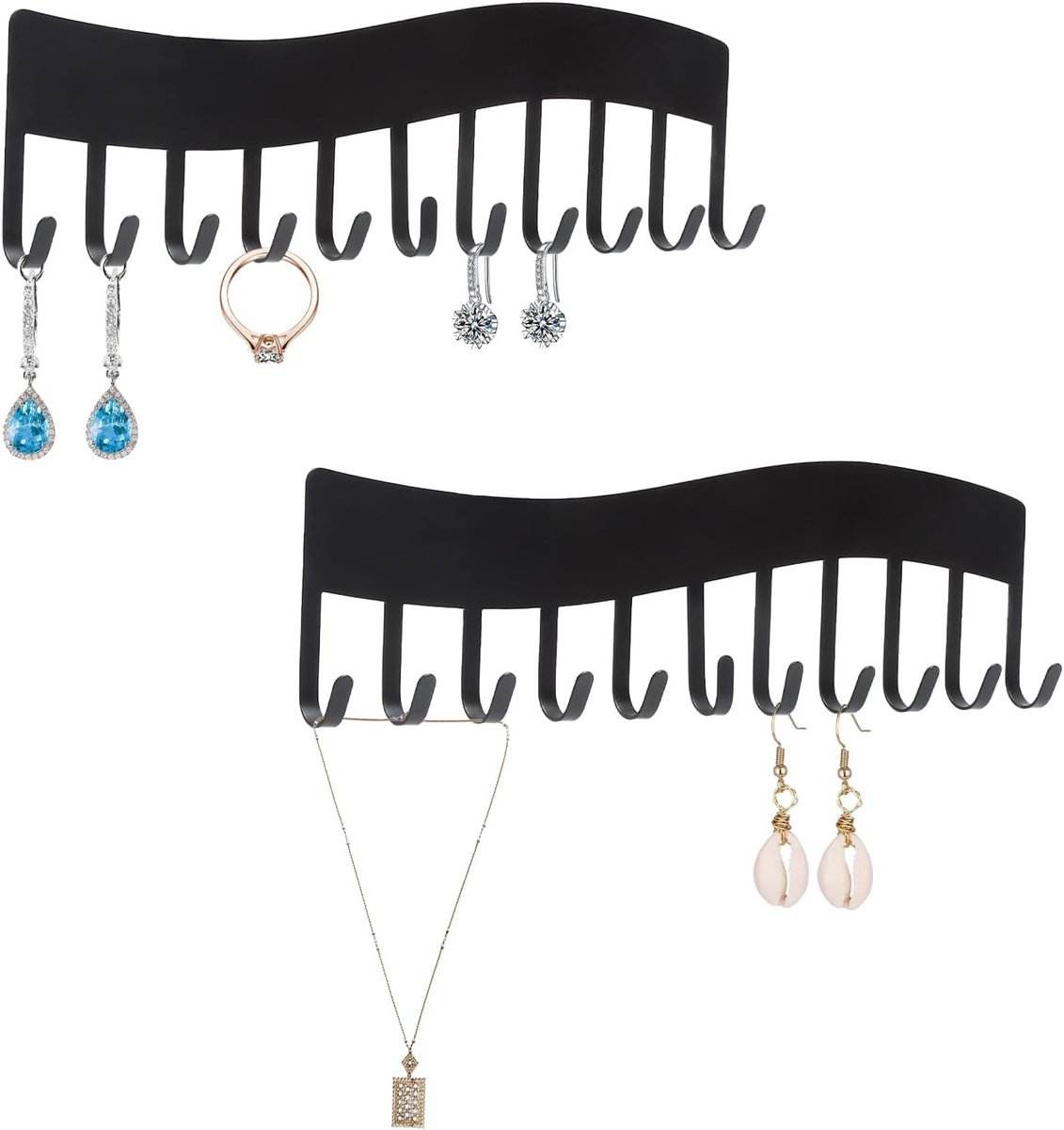 SnelShoppen - Set van 2 Wandgemonteerde Sieradenhouders, Metalen Organizer voor Kettingen, Oorbellen en Armbanden, Zwart, Duurzaam en Ruimtebesparend