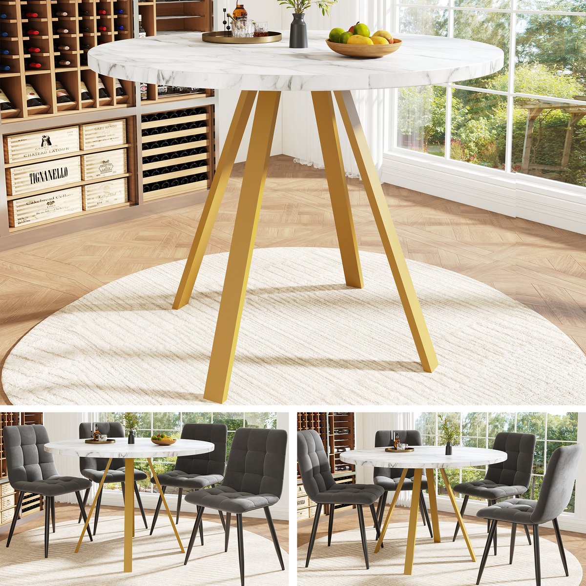 COVREO Eettafel 80x80x75 cm wit en goud MDF met metalen onderstel voor 4 personen