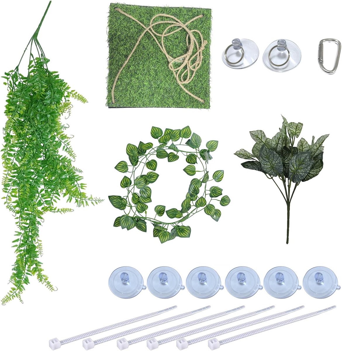 SnelShoppen - 4-in-1 Terrarium Accessoires Set voor Hagedissen, Kameleons en Gecko's - Kunstplanten, Hangmat, Buigzame Lianen en Zuignappen - Groen
