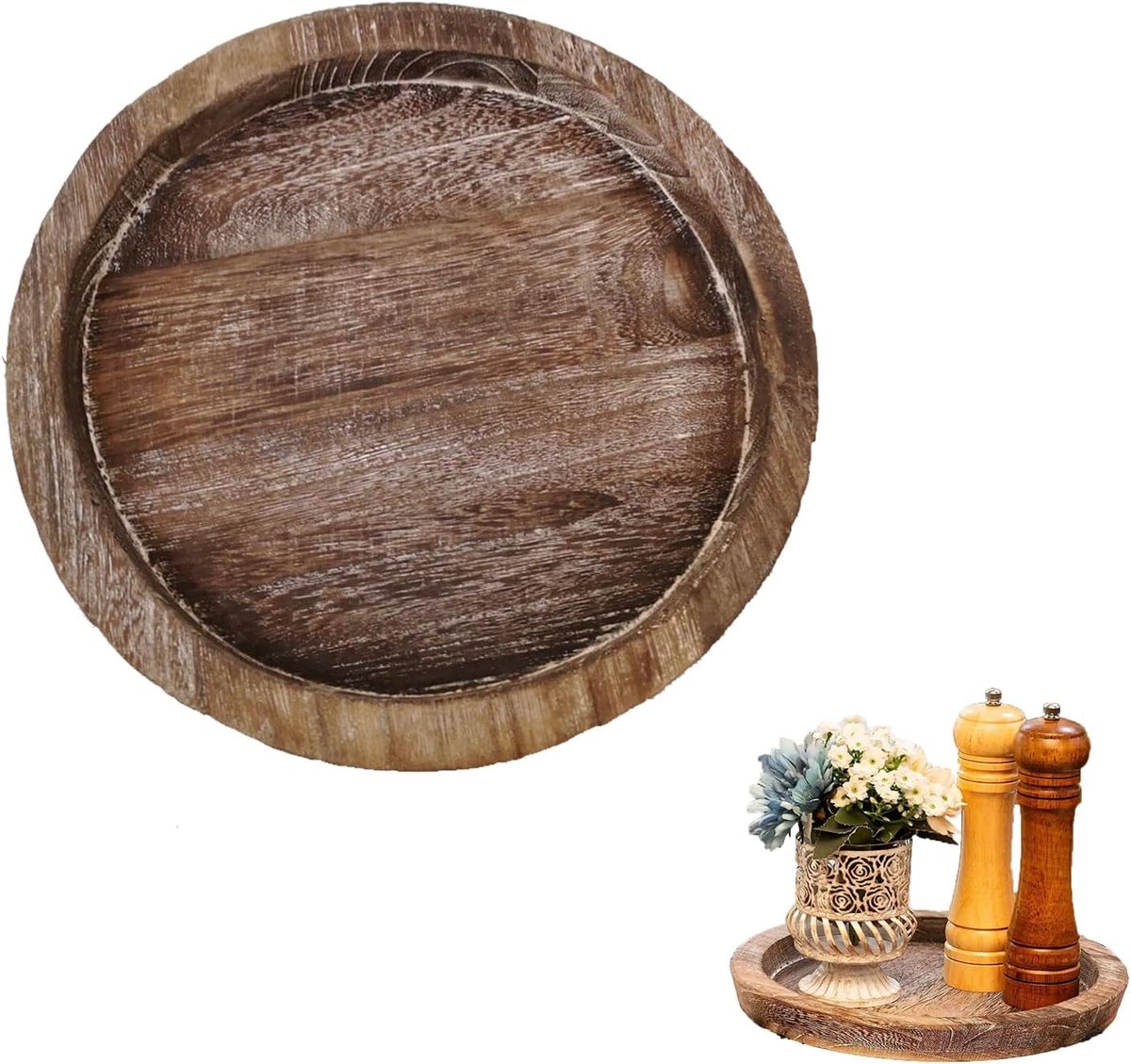 SnelShoppen - Houten Vintage Serving Plate Ø20cm - Retro Decoratieve Rond Houten Schaal voor Kaarsen, Tafeldecoratie, Multi-Functioneel Gebruik - Perf