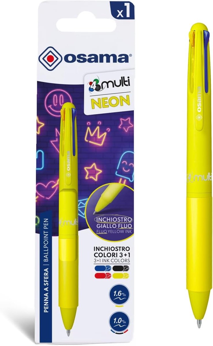 SnelShoppen - Multi Kleurige Balpen met 4 Inktkleuren, 1 mm Punt, Neon Geel, Zwart, Blauw, Rood, Perfect voor School, Kantoor, Universiteit, Creatief