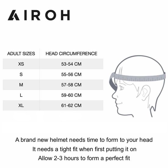 Tableau des tailles pour casques Airoh avec mesures de la circonférence de la tête.