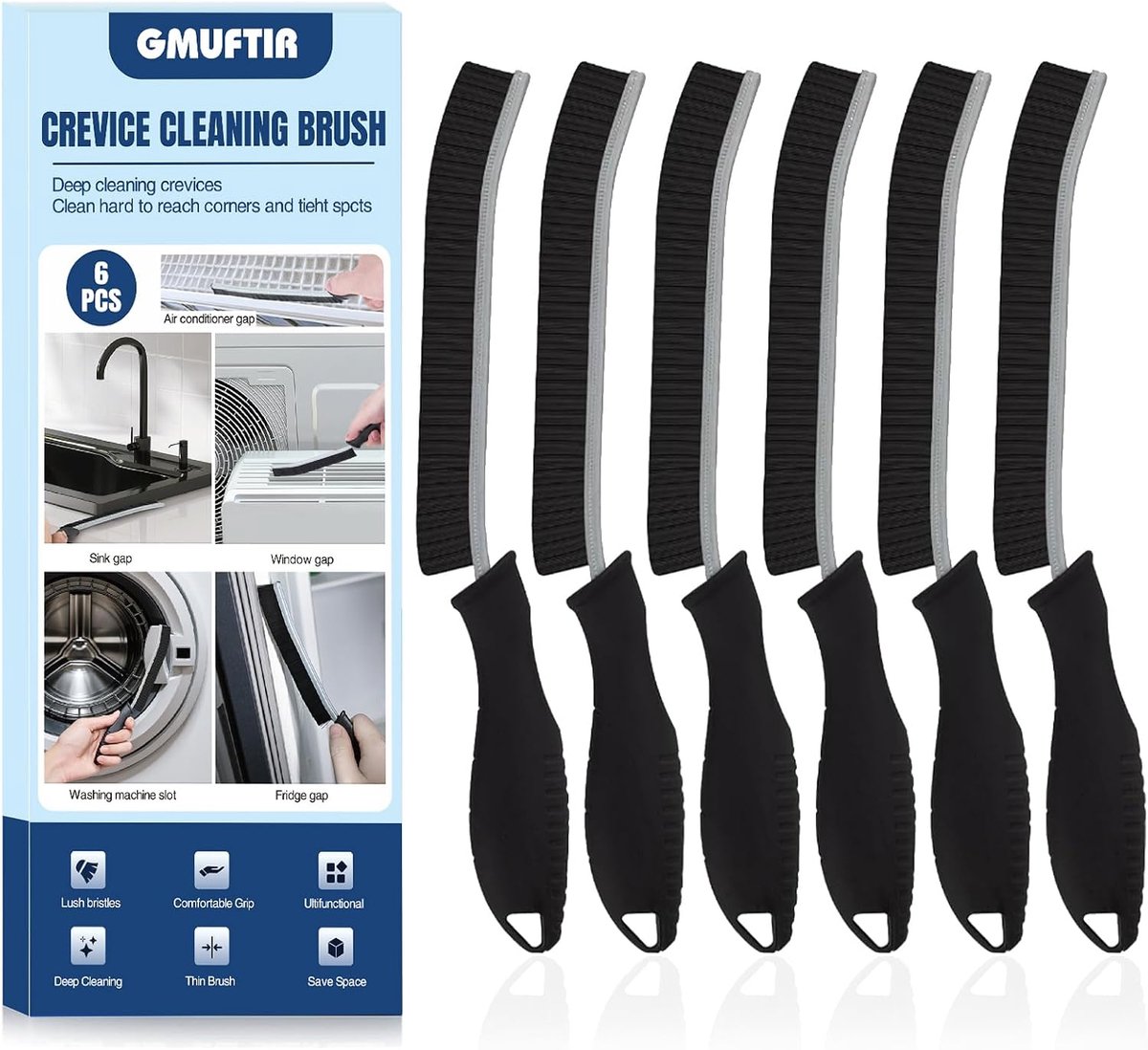 SnelShoppen - Voegenborstel Set van 6, Ergonomische Tegelvoegborstels voor Dieptereiniging in Keuken, Badkamer, Raamrails, Gootsteen en Toilet - Zwart